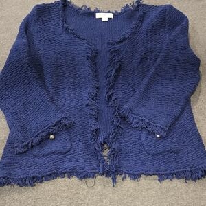 Roz & Ali Textured Navy Cardigan with Fringe